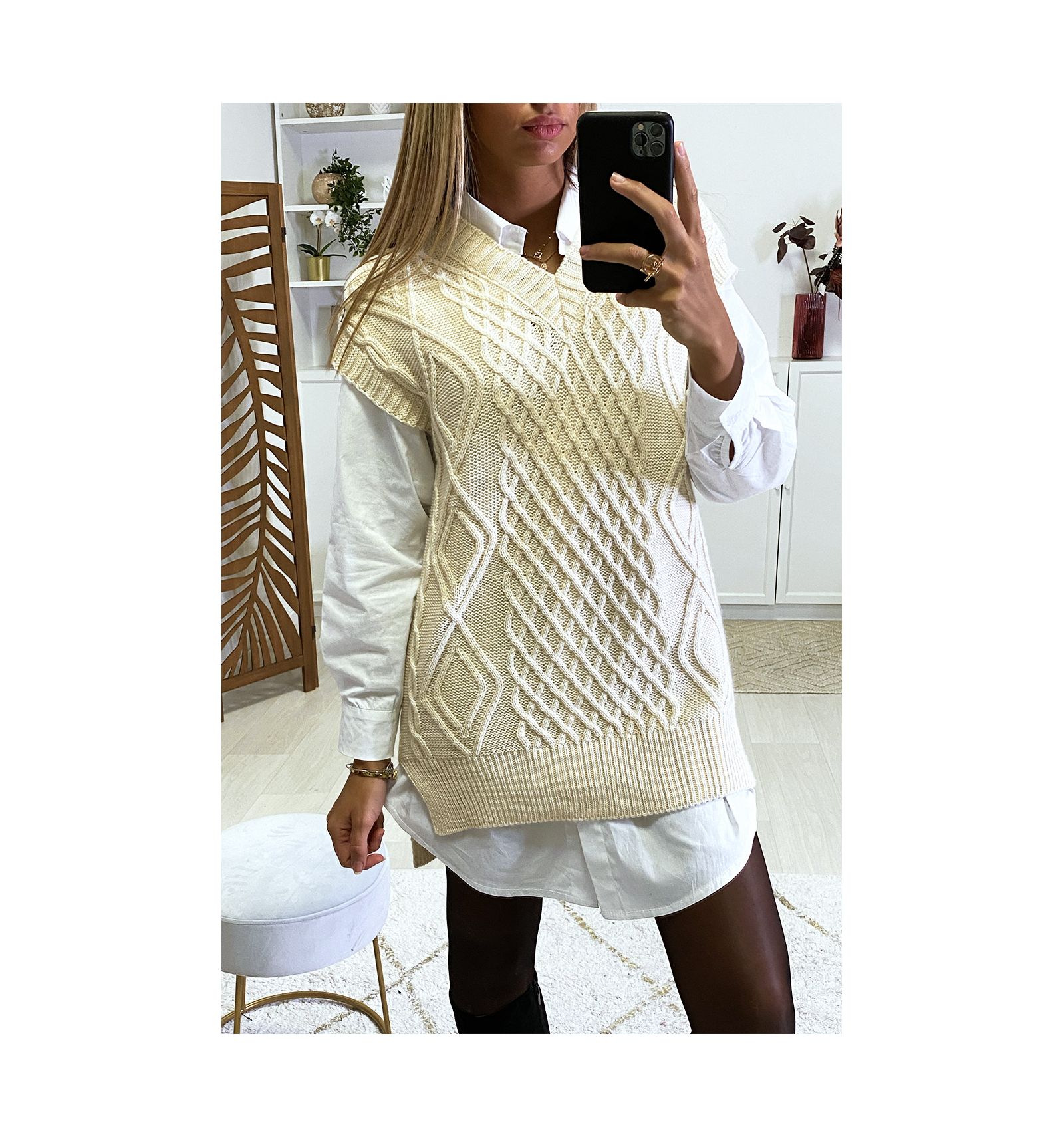 Beige V Neck Sleeveless Sweater With Slits On The Sides Womens Sweater