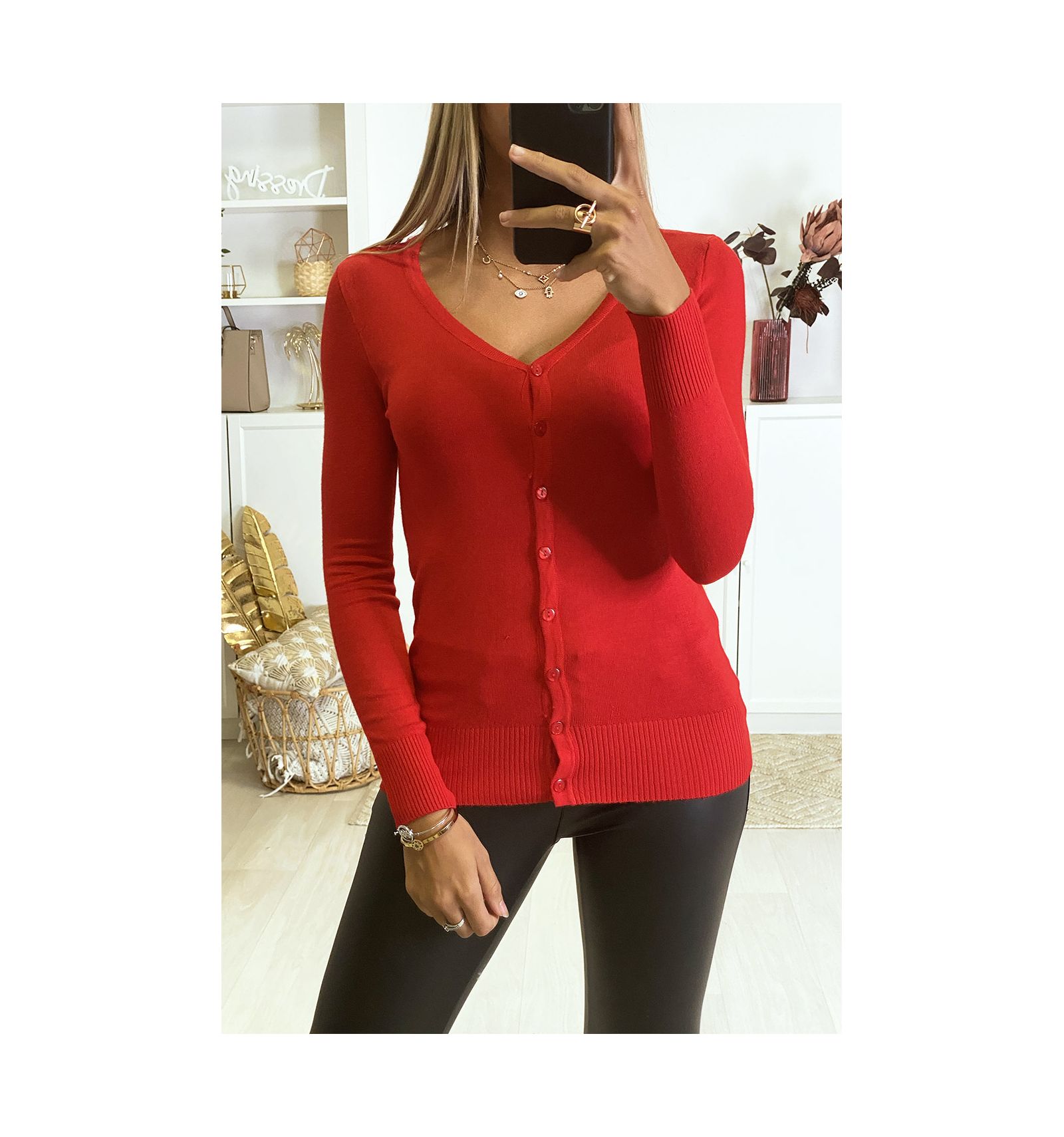  Gilet  rouge  en maille tricot tr s extensible et tr s doux 