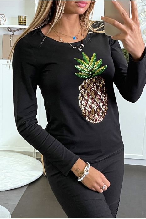 Pull noir à motif ananas en sequin