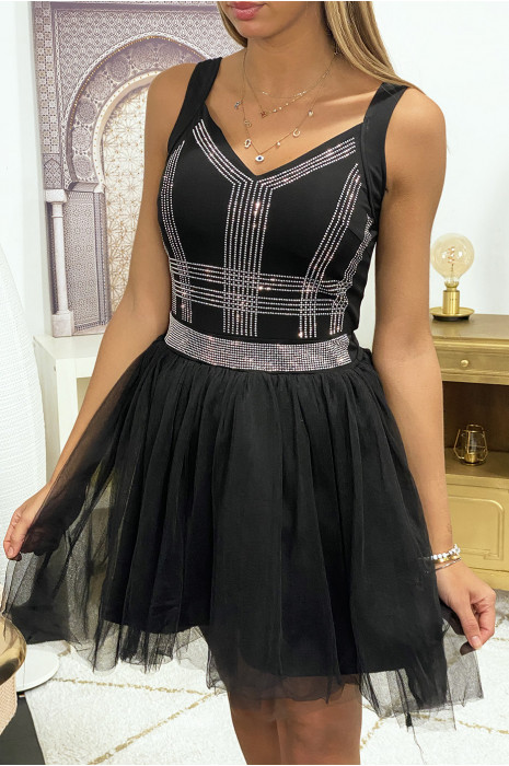 Robe Noir Avec Strass Et Tulle Evase Robe Femme Tendance Et Pas Cher