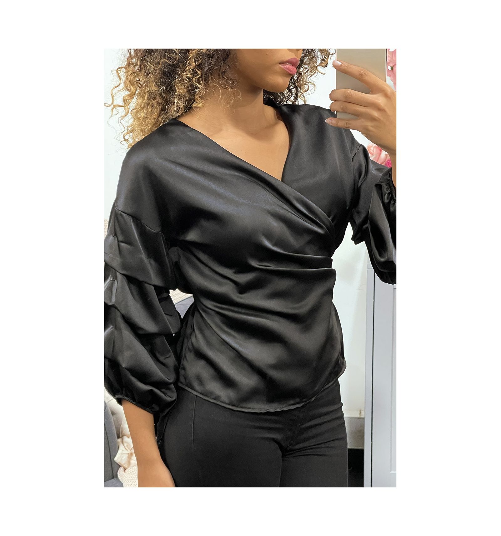 black satin wrap blouse