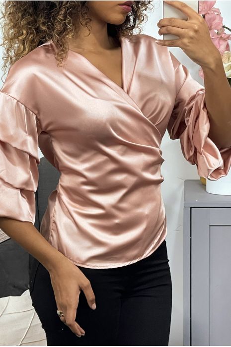 pink satin wrap blouse