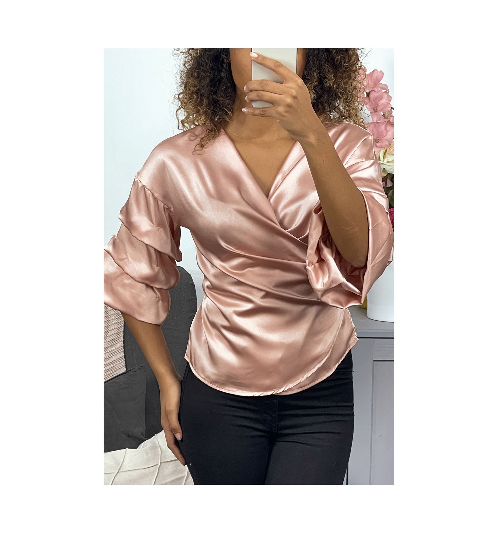 pink satin wrap blouse