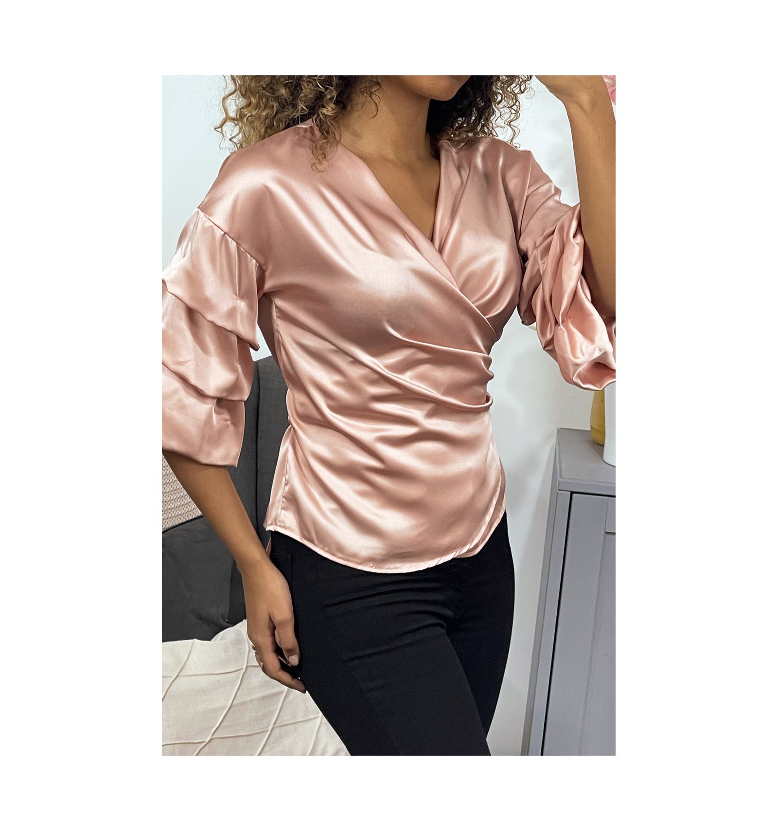 pink satin wrap blouse