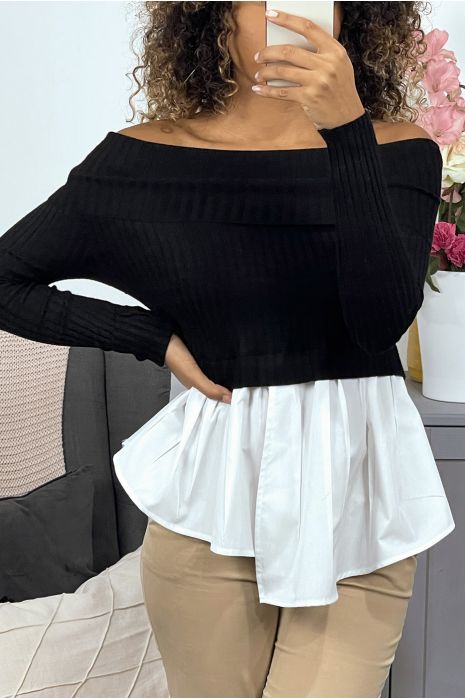 Pull Noir Bi Matiere A Col Bardot Cotele Et Bas Chemise Asymetrique