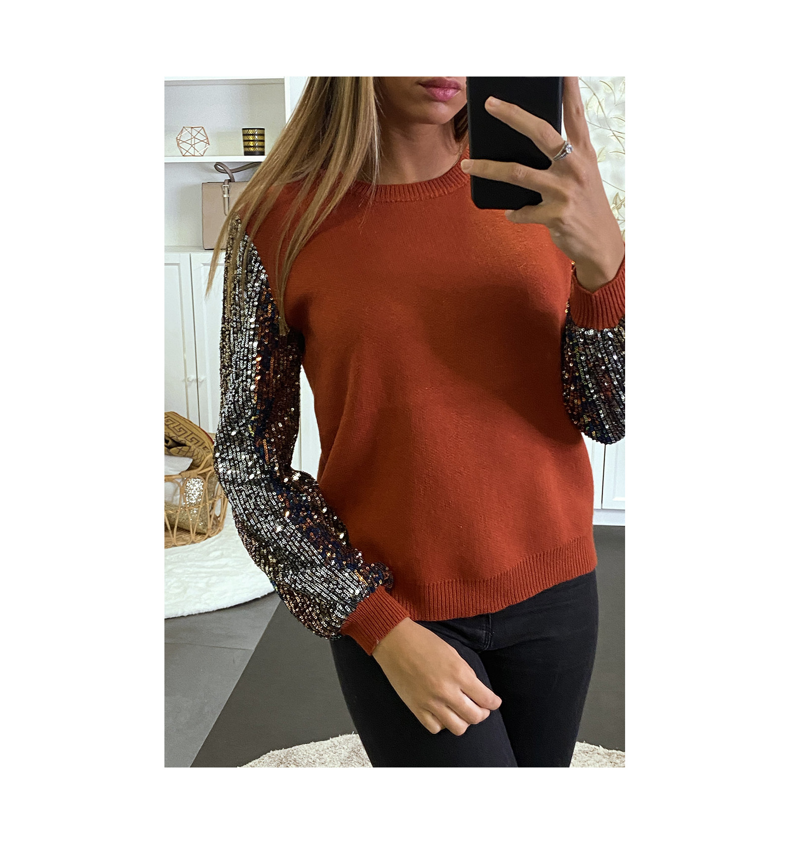 Pull cognac doux à manches doublé de dentelle et sequin