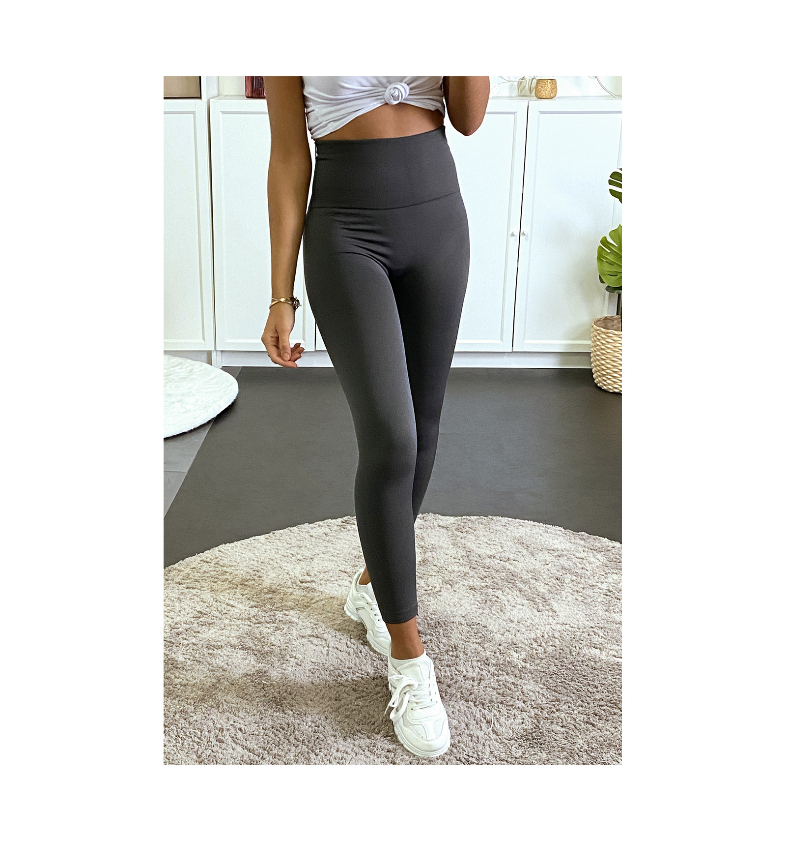 Leggings Anthracite Taille Haute Ventre Plat Amincissant Jambes Affin E