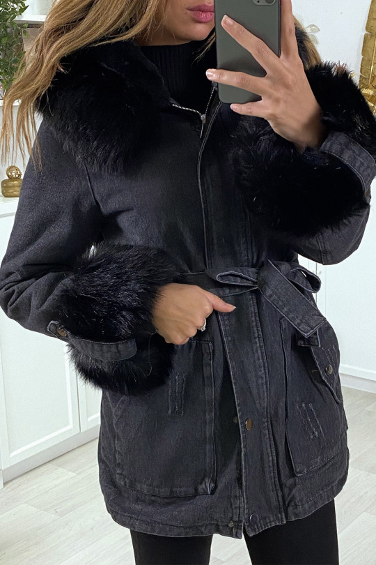 black denim coat with fur