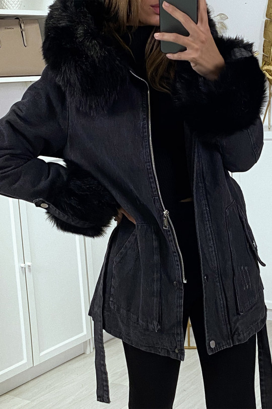 black denim coat with fur