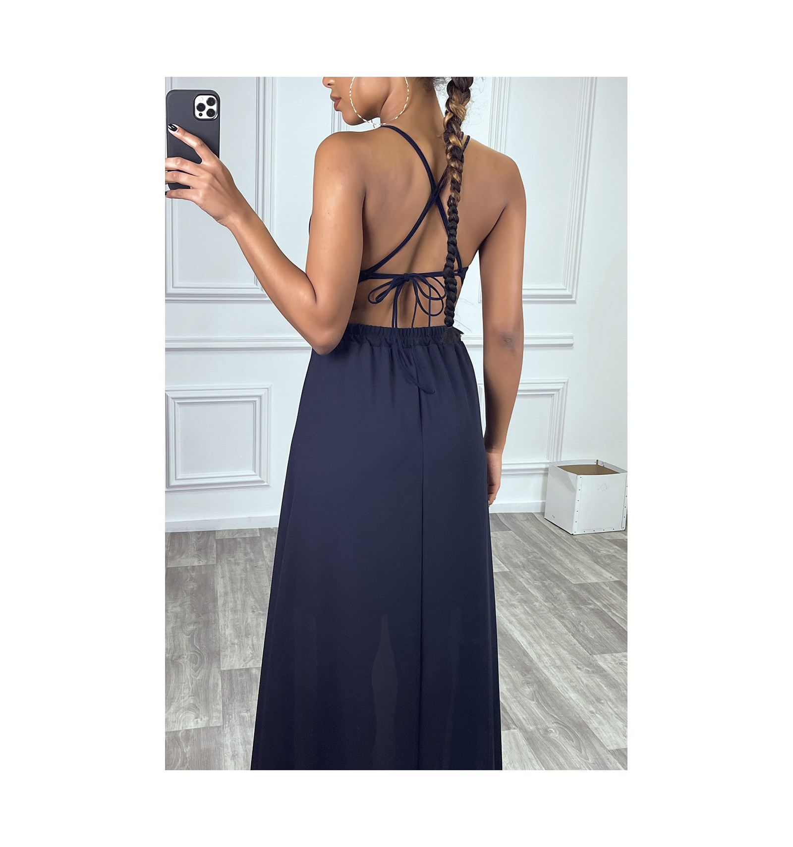 Longue robe marine doublé avec dos nue et lacet Magnifique robe