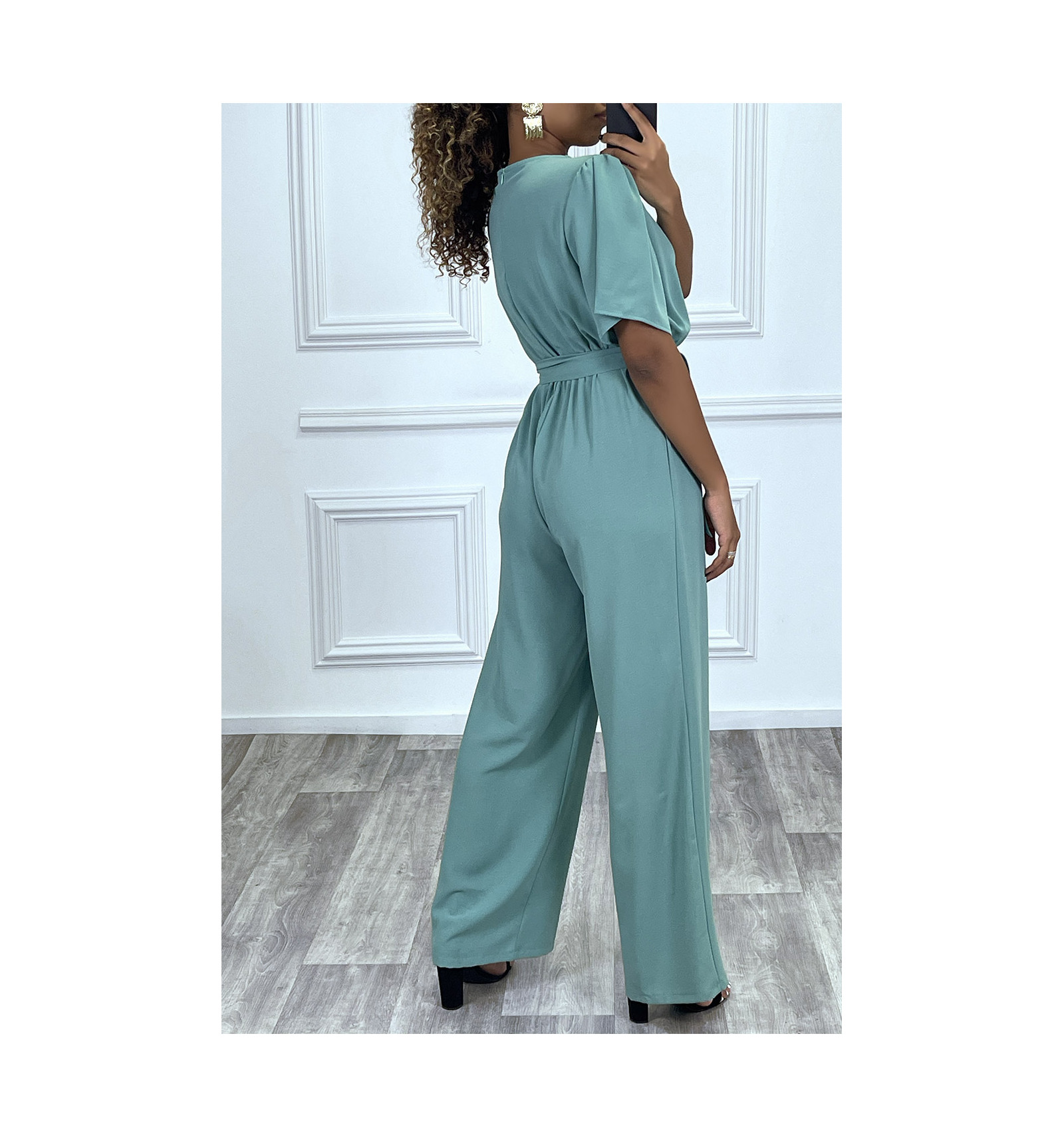 Combinaison pantalon palazzo vert d'eau cache coeur en voilage