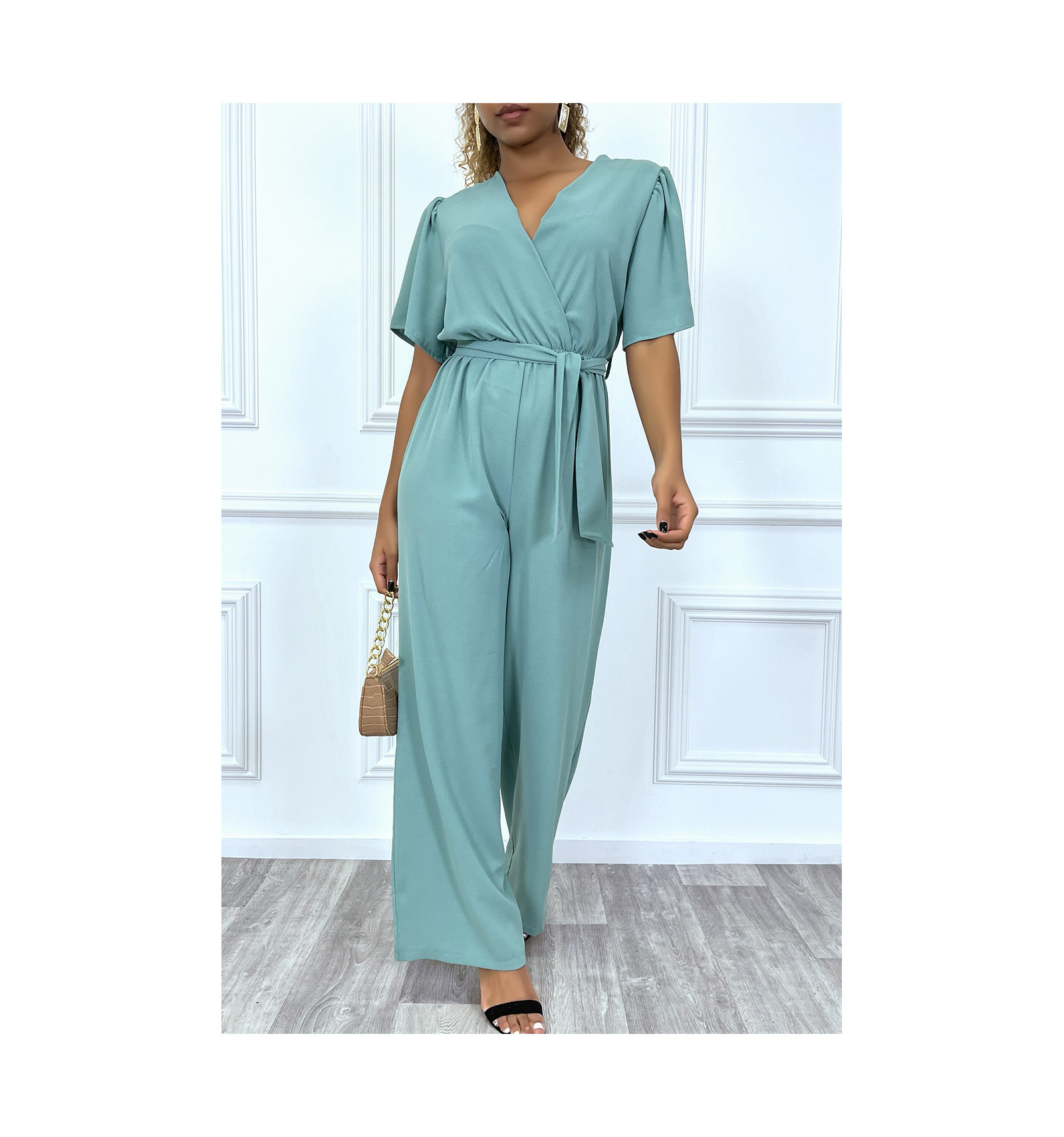 Combinaison pantalon palazzo vert d'eau cache coeur en voilage