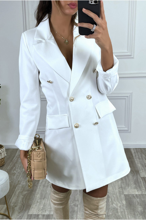 White Officer Style Blazer Dress With Lapel Collar