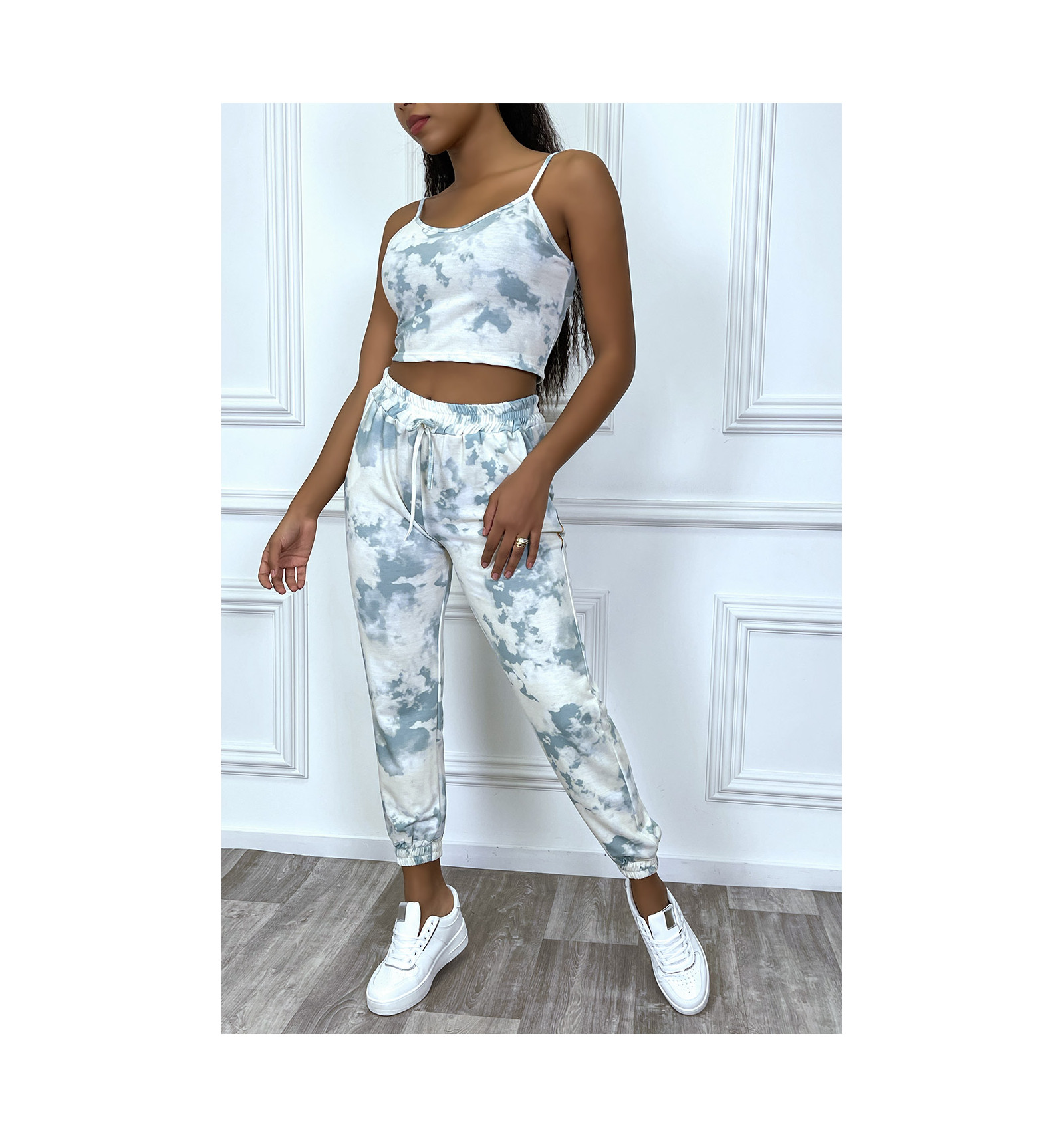 Ensemble Jogging Vert Tie And Dye Avec Crop Top Et Jogging