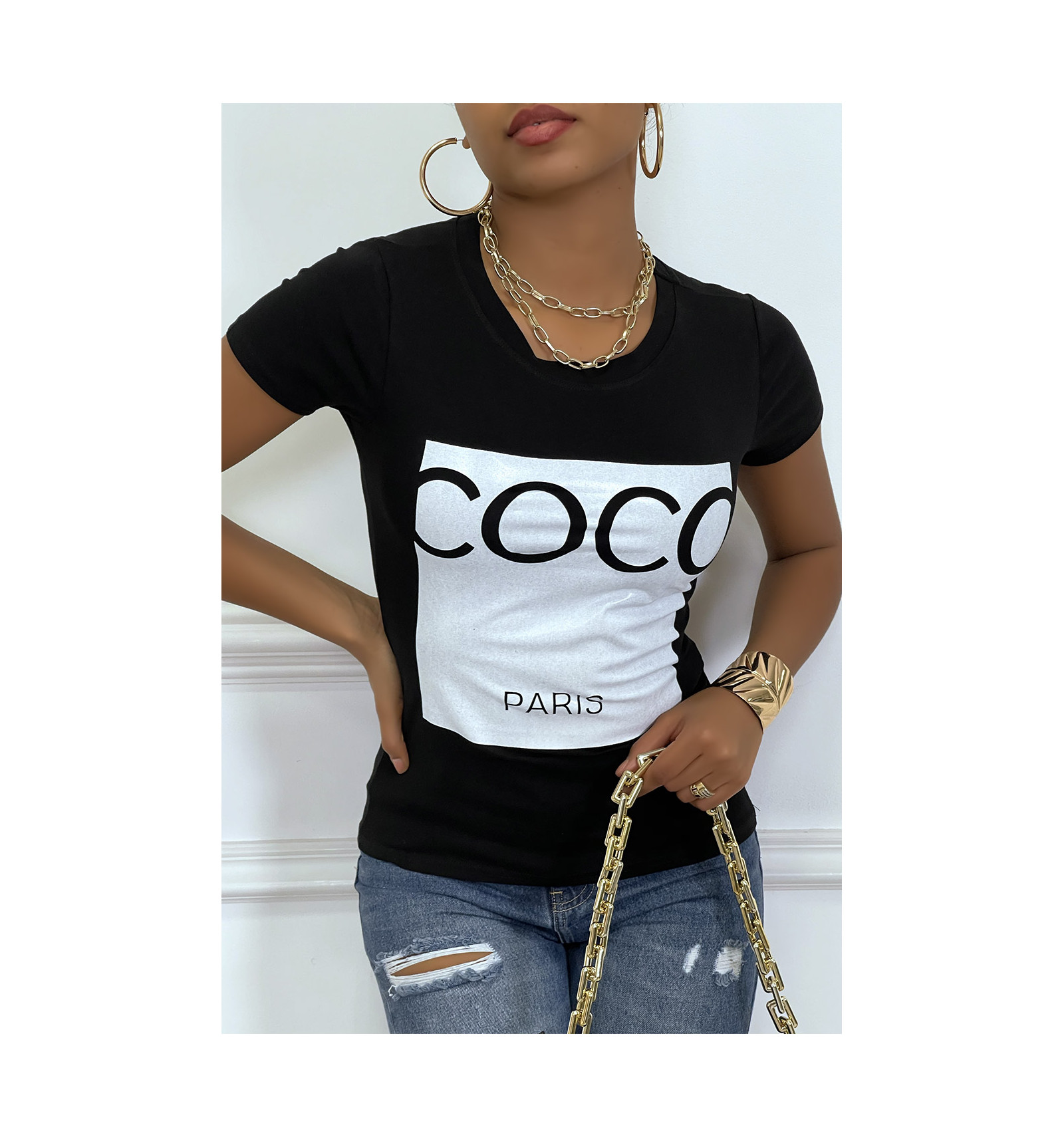  Tee  shirt  noir avec  impression  coco