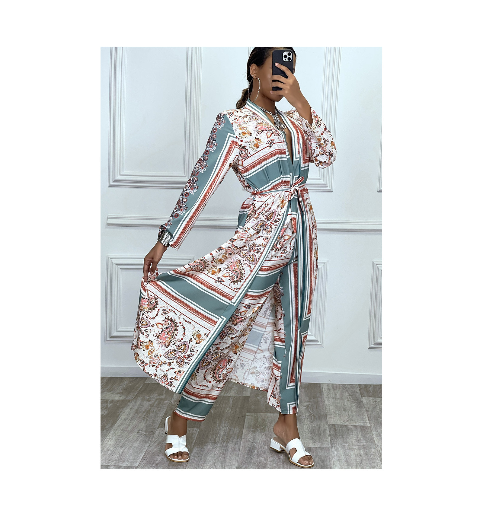 Ensemble Vert D Eau Pantalon Et Long Kimono Motif