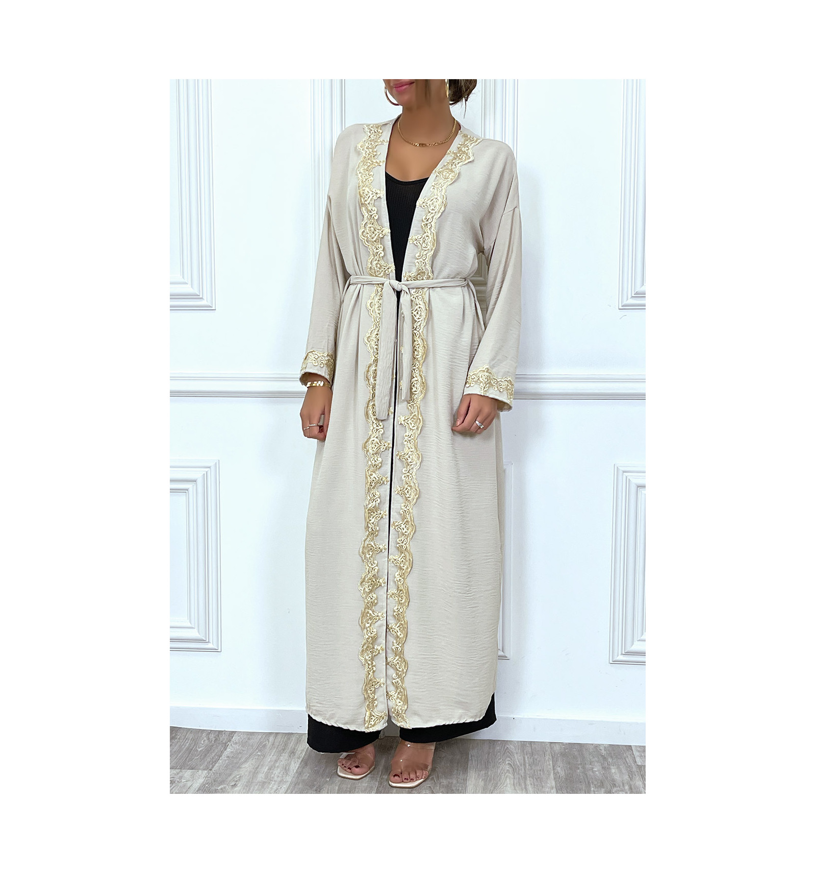  Kimono  long ceintur  style abaya  beige  avec broderie dor  