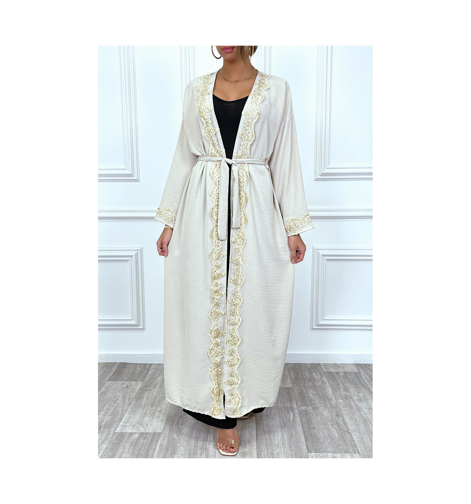  Kimono  long ceintur  style abaya  beige  avec broderie dor  