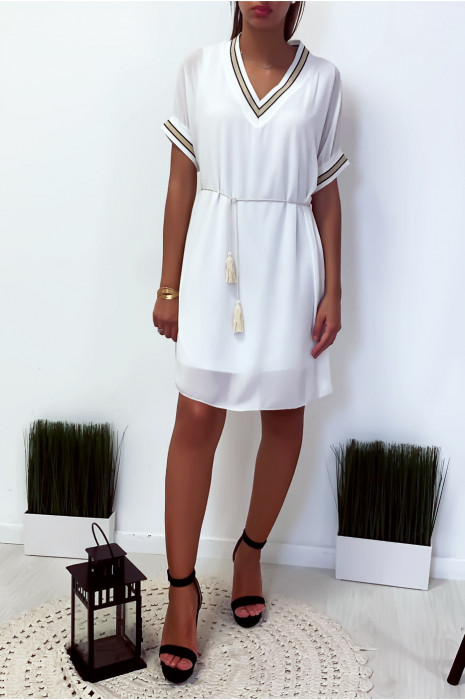 white dress with gold belt