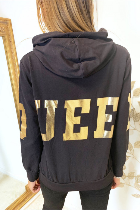 black hoodie with writing