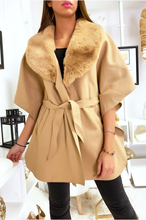 Camel Bat Cut Cape With Faux Fur Collar Pockets And Belt