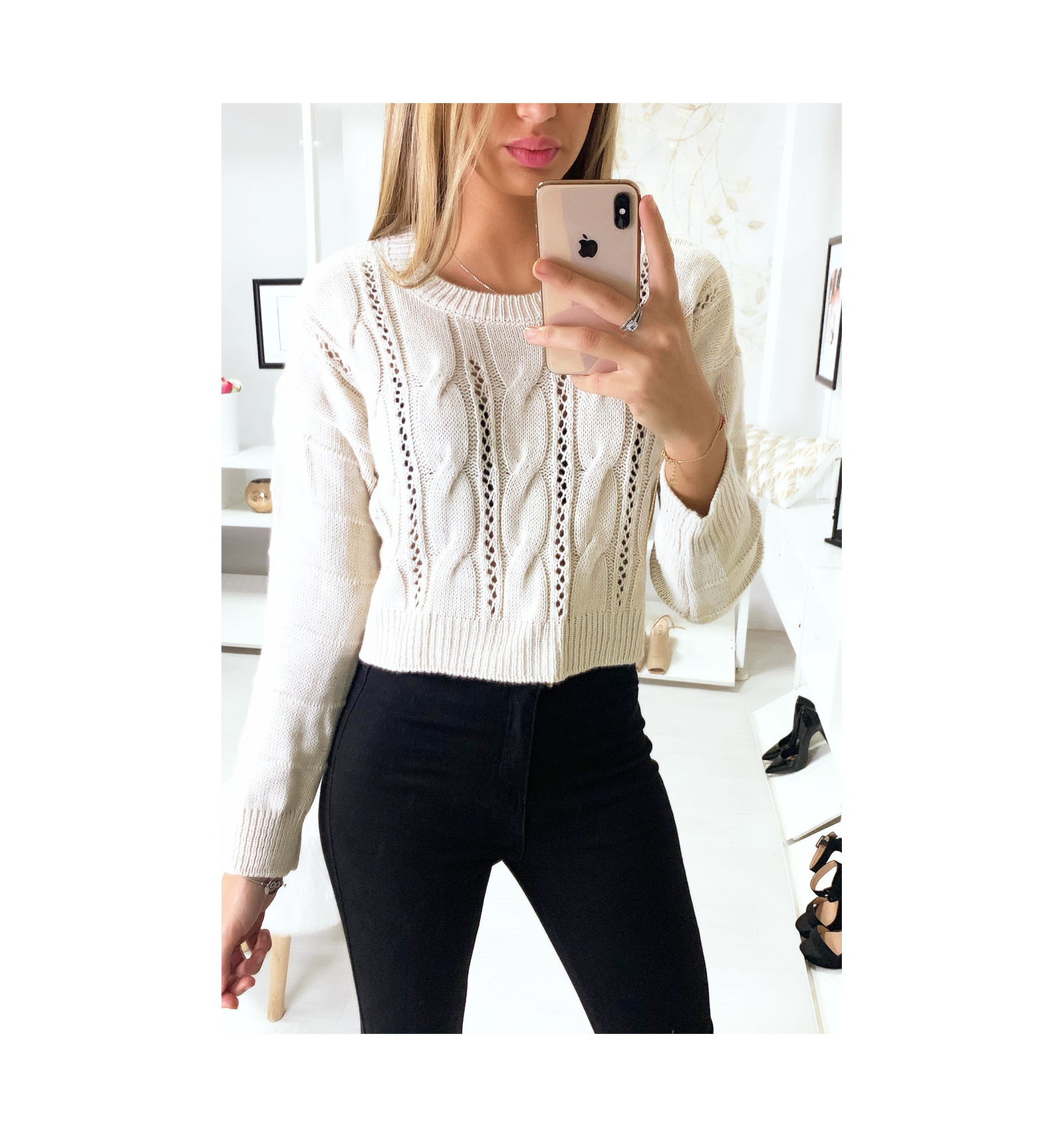 Pull torsadé beige pour femme