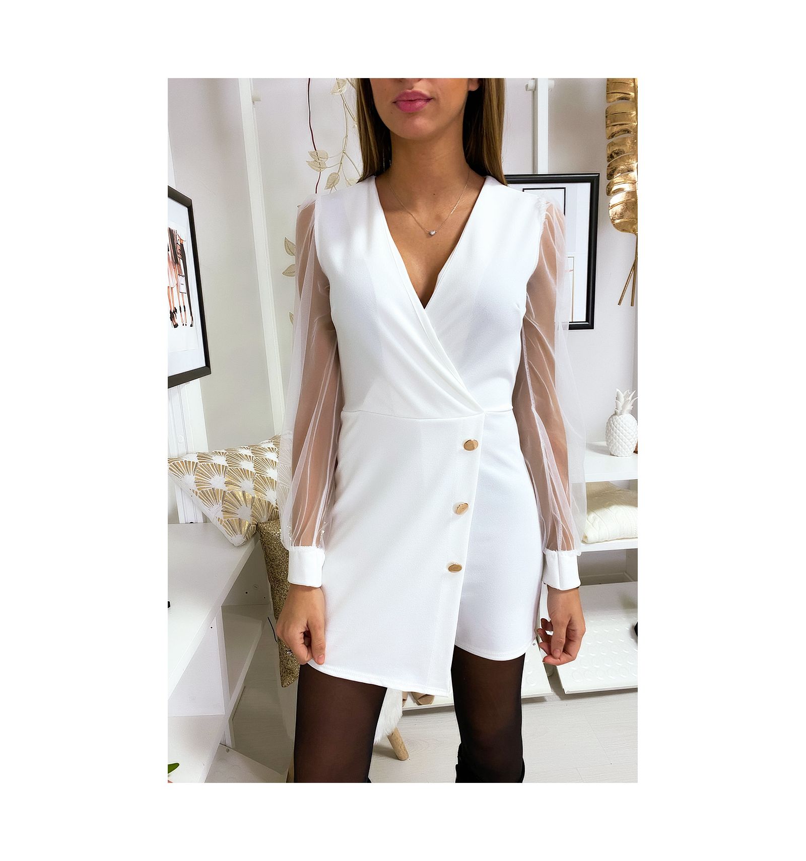 Robe combi short 2 en 1 Blanche croisé devant avec bouton ...