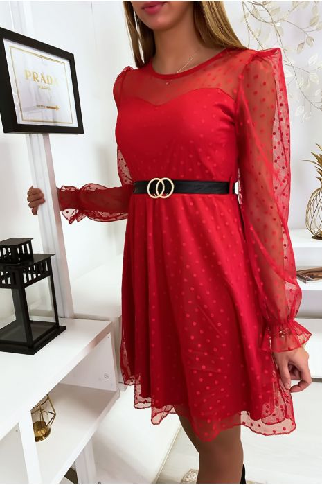 Red Plumetis Dress With Belt