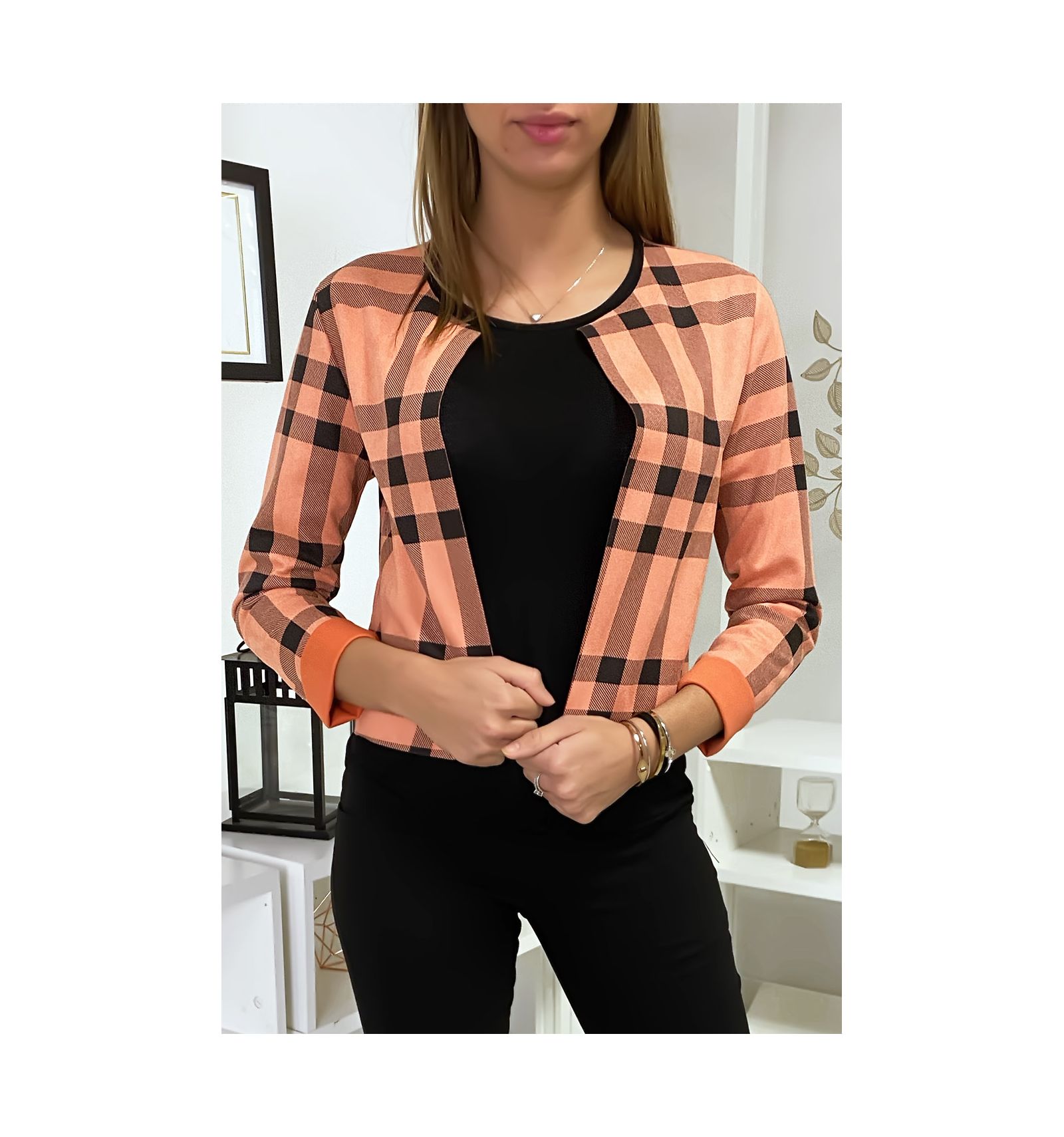 Small checked coral suede jacket