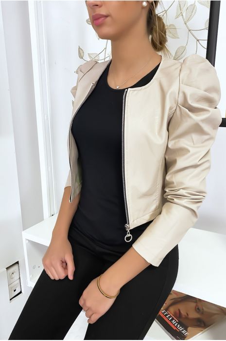 Veste beige courte en simili cuir