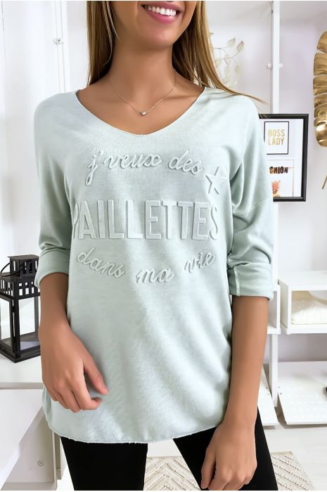 Pull en tricot doux en vert d'eau avec écriture bombé "je ...