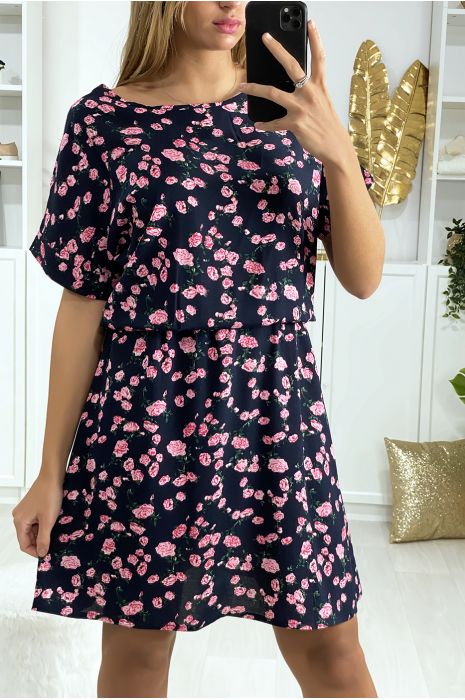 Robe Tunique Noir Motif Fleurs Rose Avec Elastique A La Taille