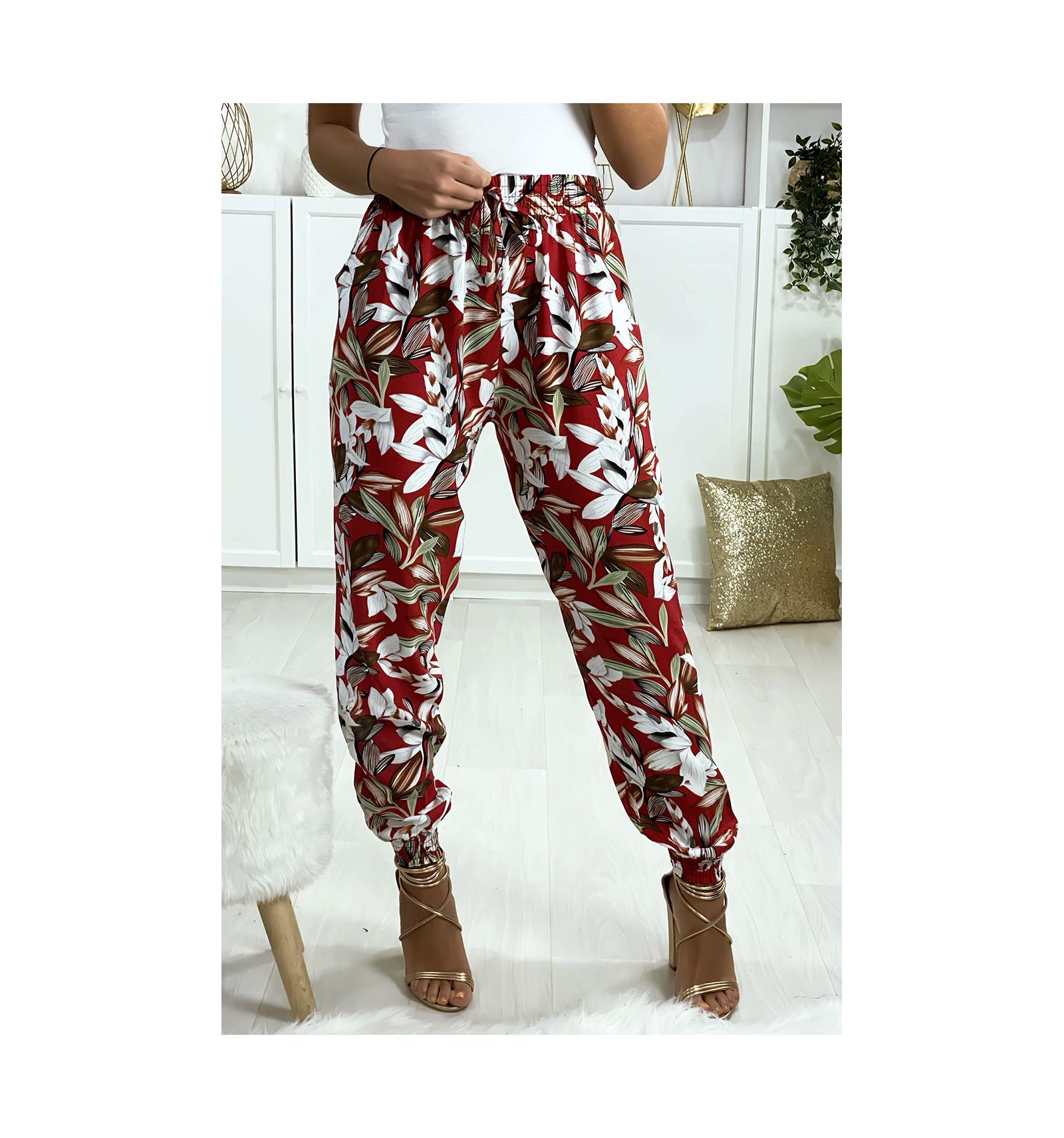 Pantalon Rouge Motif Fleuris Elastique Aux Chevilles Avec Poches