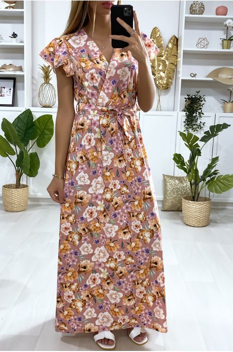 Long Nude Floral Pattern Dress Crossed At The Bust With Belt