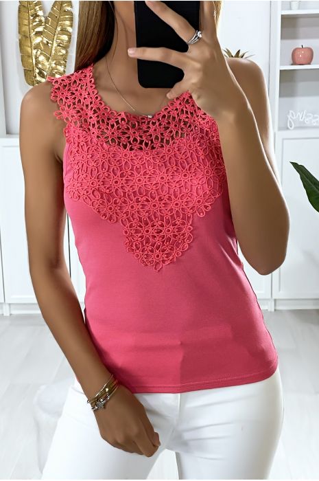  Haut  sans  manche  en fuchsia  avec broderie  l avant