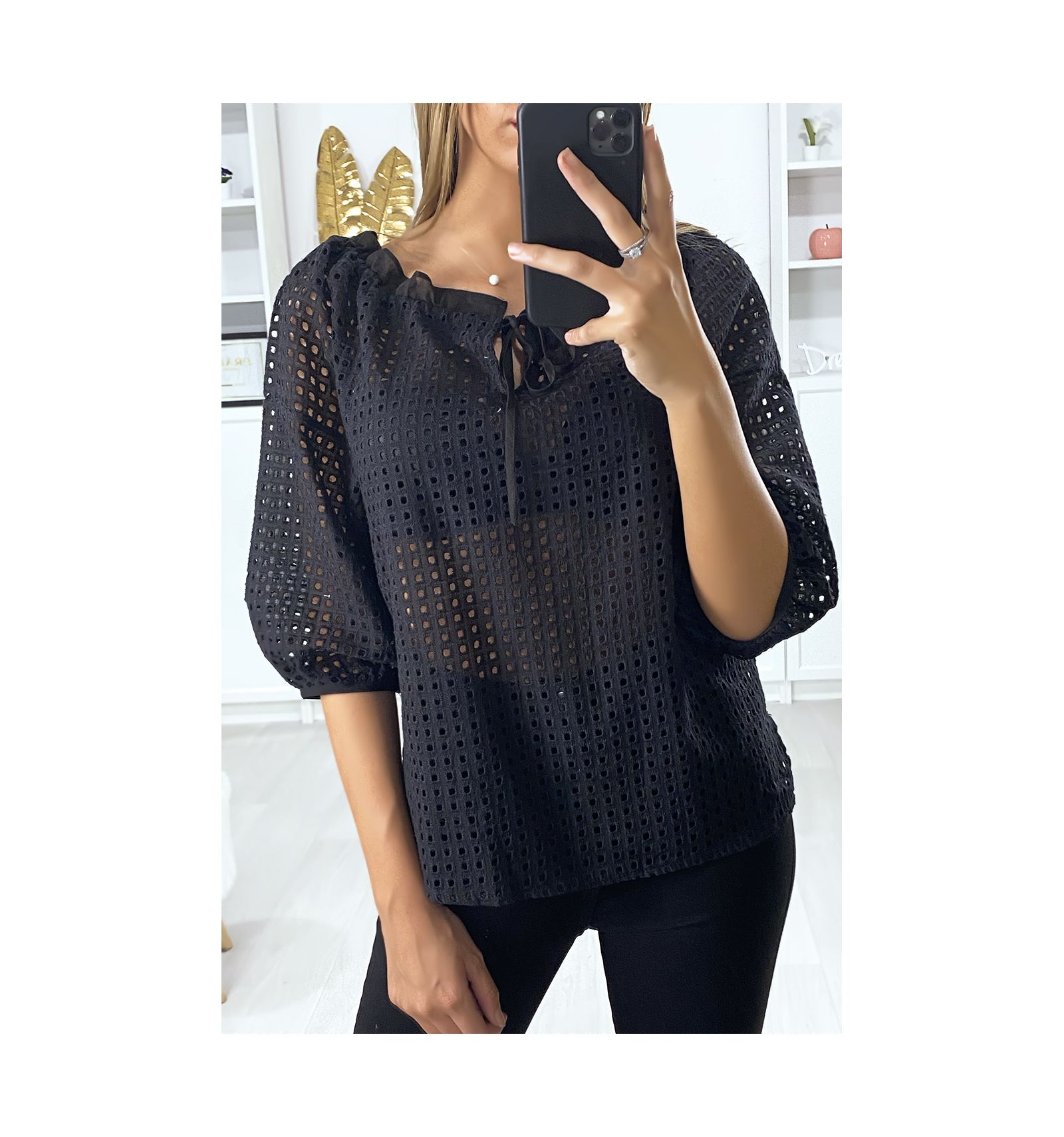  Blouse  noir  pour femme manches  bouffante  col bateau en 