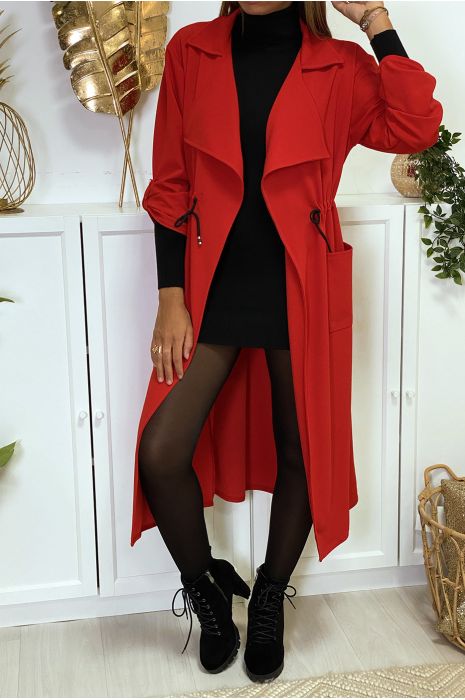 Long gilet blazer rouge avec poches et ceinture intégré en ...