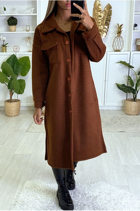 Veste Tres Chaude En Cognac Avec Poches Au Buste Et Boutons Mode Femme